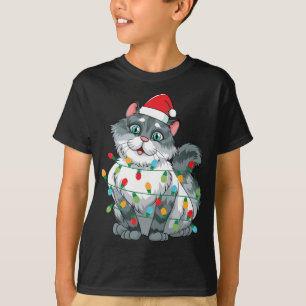 Camiseta Gato De Natal Embalado Em Luzes Coloridas Vestindo