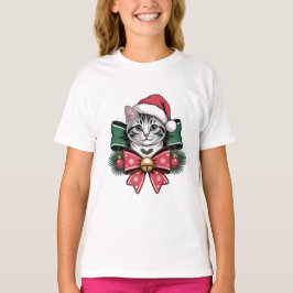 Camiseta Gato de Natal Fofo Gatinho Festivo com Chapéu de P