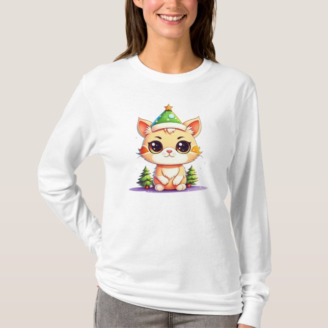 Camiseta Gato de Natal Gatinho de Chibi Kawaii (Frente)