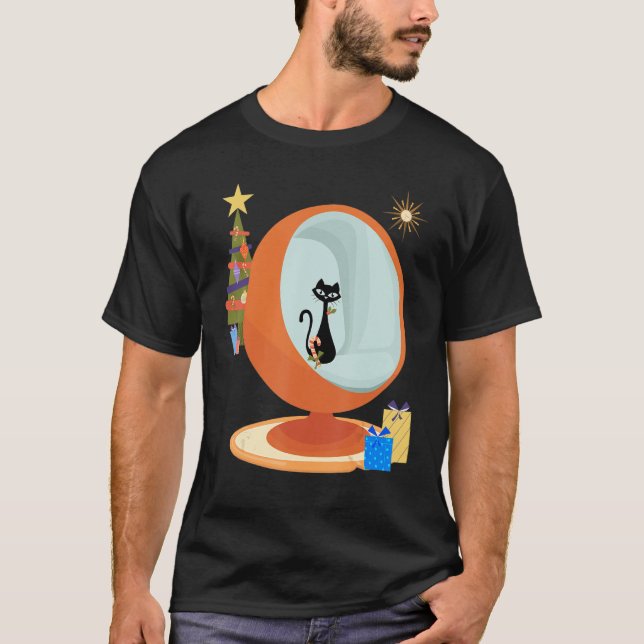Camiseta Gato de Natal MCM Moderno do Meio século Retroativ (Frente)