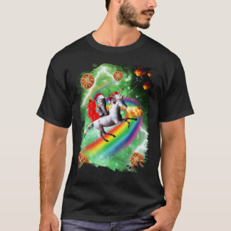 Camiseta Gato de Natal Papai Noel Montando Unicórnio, Pizza