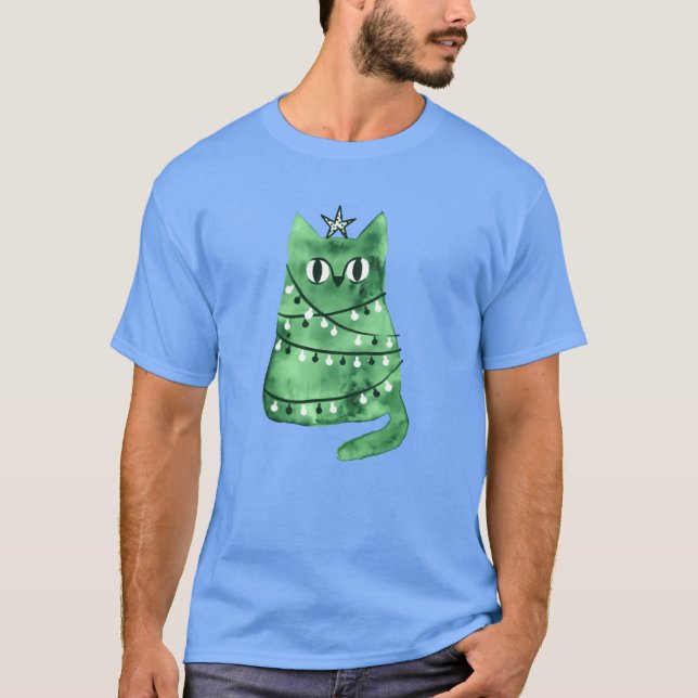 Camiseta Gato de Natal verde de cor aquática (Frente)