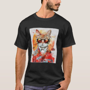 Camiseta Gato de Óculos de Sol Estilo Japonês Artístico Vin