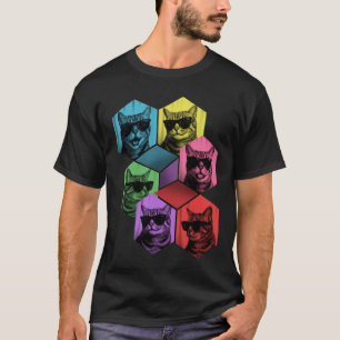 Camiseta Gato de Óculos de Sol Pop Art em Grade Hexagonal