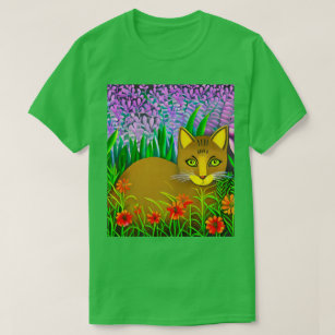 Camiseta Gato de Olho Verde em um Jardim Flor
