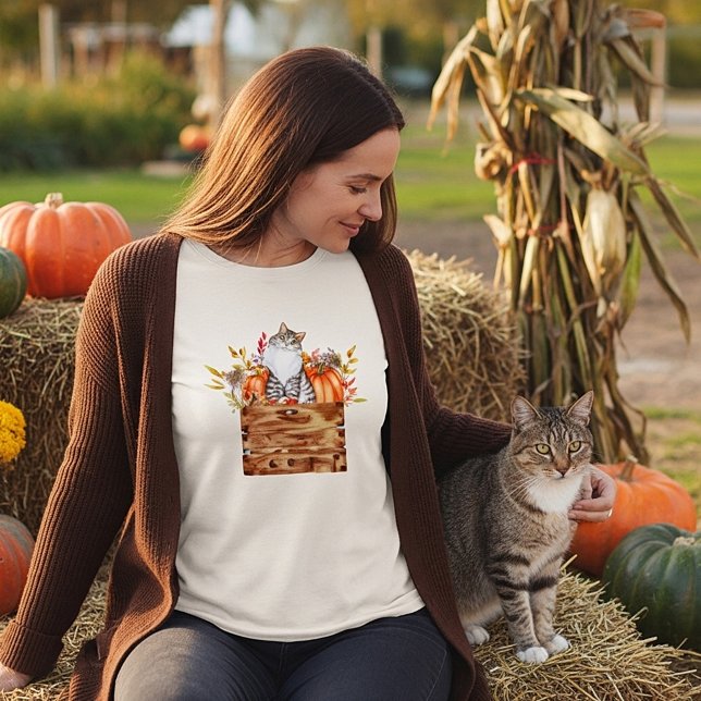Camiseta Gato de outono e abóboras na caixa  (Criador carregado)