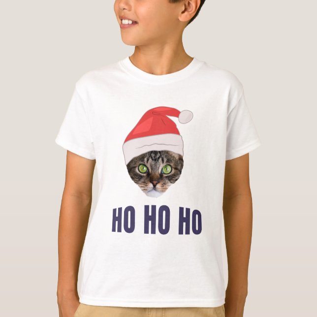 Camiseta Gato de papais noeis com chapéu de Papai Noel, Ho  (Frente)