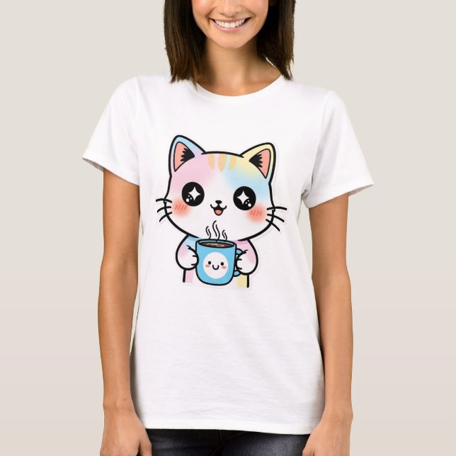Camiseta Gato de Pastel Kawaii Bonito com Vinheta de Café (Frente)