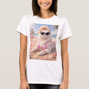 Camiseta Gato de Praia Glamouroso com Óculos de Sol