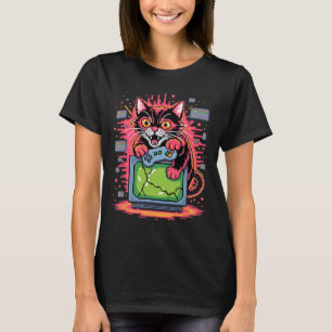 Camiseta Gato de Raiva de Pixel em Estilo 8-bit Retro 1