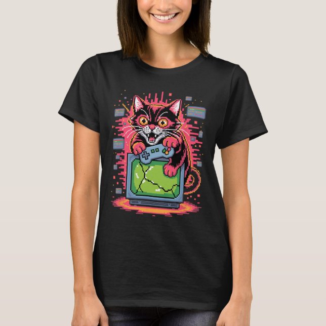 Camiseta Gato de Raiva de Pixel em Estilo 8-bit Retro 1 (Frente)
