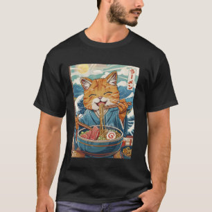 Camiseta Gato de Ramen Japonês Fofo A Grande Onda