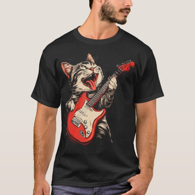 Camiseta Gato de Rocha Tocando Violão (Frente)