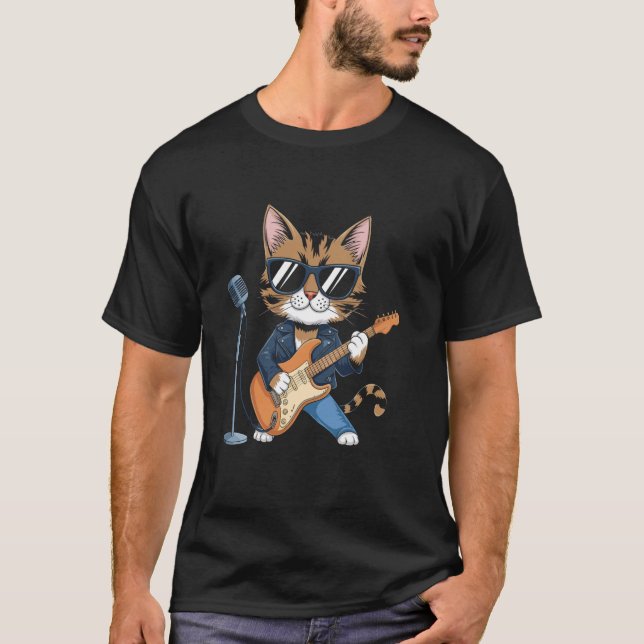 Camiseta Gato de Rock and Roll Tocando Guitarra (Frente)