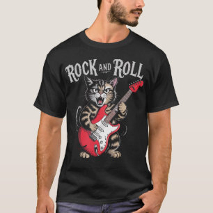 Camiseta Gato de Rock And Roll Tocando Guitarra Estrela do