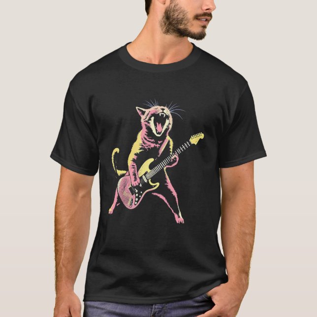 Camiseta Gato de Rock Vintage Tocando Violão (Frente)