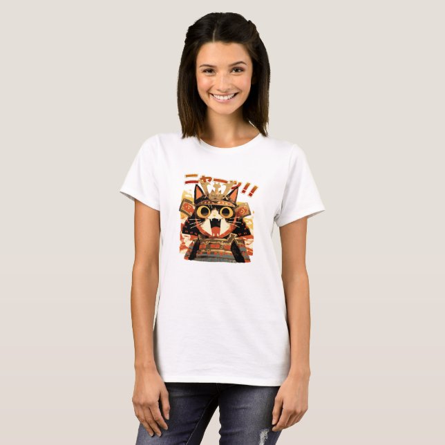 Camiseta Gato de Samurai Bonito em Armadura (Frente Completa)