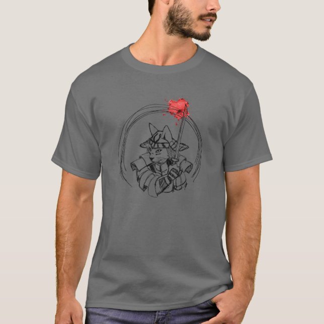 Camiseta Gato De Samurai Desenhado À Mão Com Splatters De S (Frente)