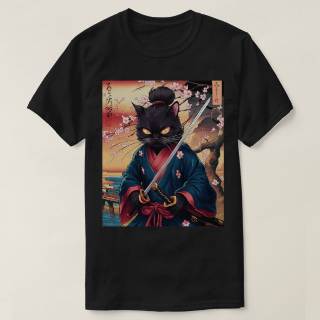 Camiseta Gato de Samurai Japonês Bonito (Frente do Design)