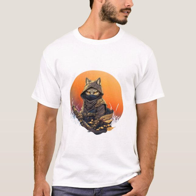 Camiseta Gato de samurai japonês tatuado kawaii ninja Long (Frente)