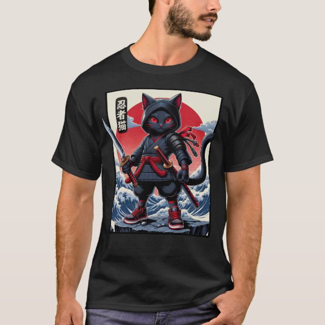 Camiseta Gato de Samurai Preto-Cinto (Frente)