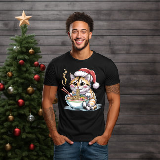 Camiseta Gato de Santa Comendo Ramen Fofinho Gatinho de Nat