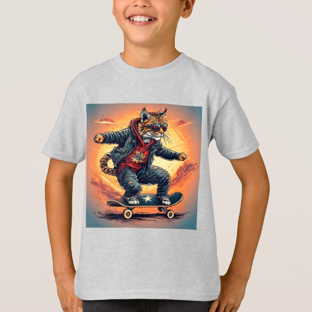 Camiseta Gato de Skate Estilo de Rua Design Gráfico (Frente)