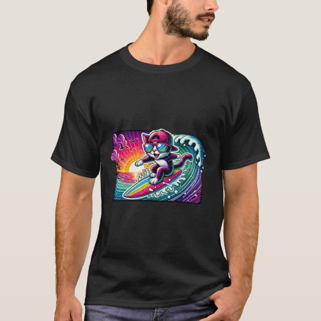 Camiseta Gato de Surf Prancha de Diversão Presente de Longb (Frente)