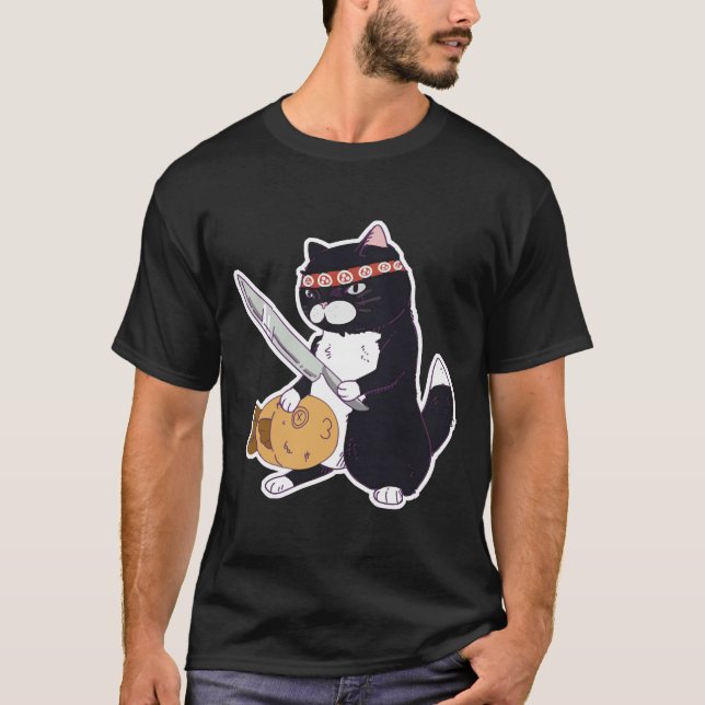 Camiseta Gato De Sushi Com Gato De Sushi Com Faca (Frente)