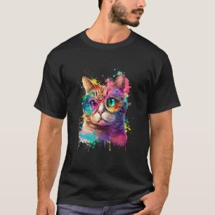 Camiseta Gato De Tintas Multicoloridas Aquarela Gatinho
