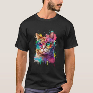 Camiseta Gato de Tintas Multicoloridas Kitten Aquarela