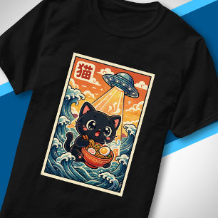 Camiseta Gato de UFO Fofo Comendo Ramen Retro Ficção Cientí