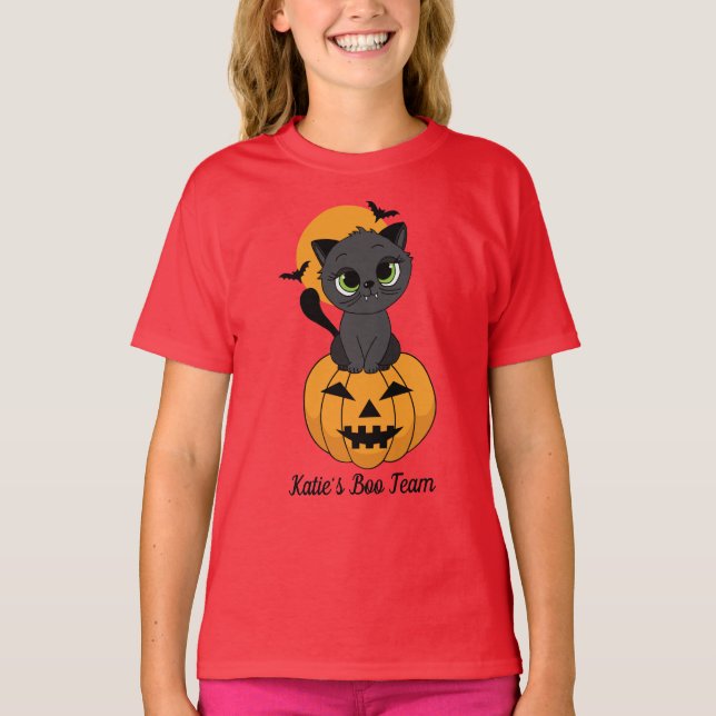 Camiseta Gato de vampiro bonito e crianças de abóbora no Ha (Frente)