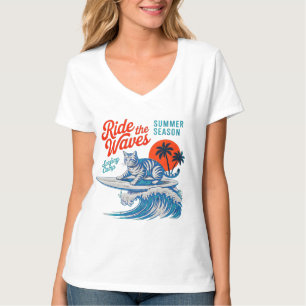 Camiseta Gato de Verão para Mulheres - Design Retro de Surf