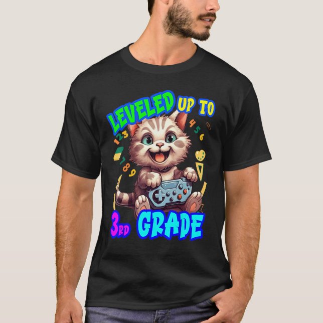 Camiseta Gato de Video Game de Volta às Aulas Nível 3ª Séri (Frente)