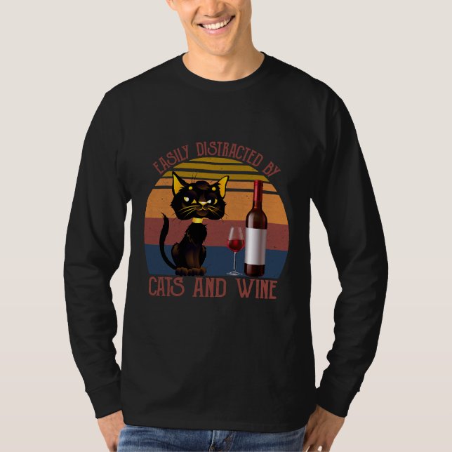 Camiseta Gato De Vinho De Gatos Facilmente Distraído (Frente)