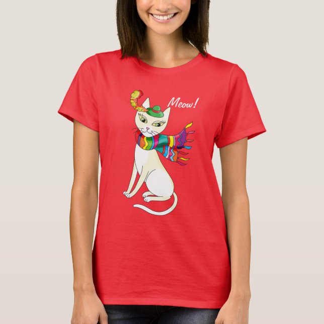 Camiseta gato decorativo branco em um chapéu e cachecol em  (Frente)