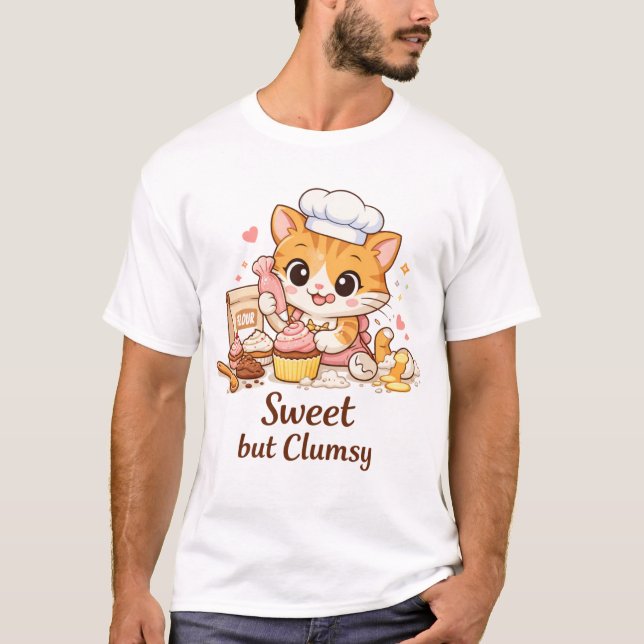 Camiseta Gato Desajeitado Doce Assando Cupcakes (Frente)