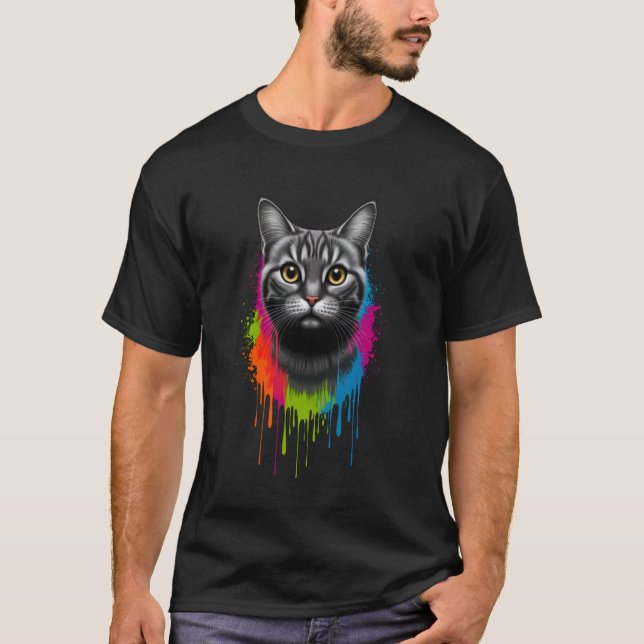 Camiseta Gato Detalhado com Arte de Explosão de Cor (Frente)