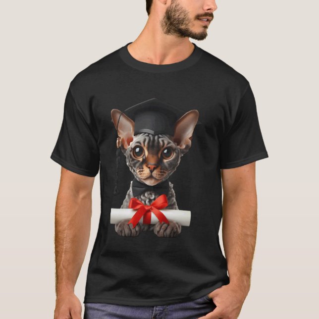 Camiseta Gato Devon Rex Cerimônia de Formatura Cap Graduado (Frente)