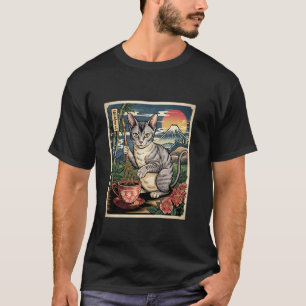 Camiseta Gato Devon Rex Fazendo Chá Mt Fuji Japonês Ukiyo W