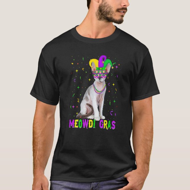 Camiseta Gato Devon Rex Meowdi Gras Mardi Gras Carnavais (Frente)