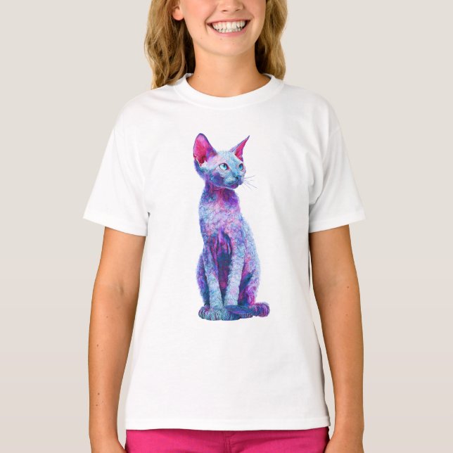 Camiseta Gato Devon Rex Vibrante e Estilizado com Pelagem O (Frente)