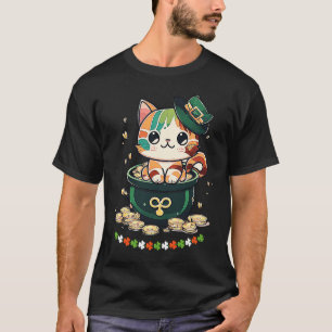 Camiseta Gato Dia de São Patrício Chapéu de Leprechaun Pote