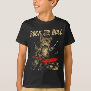 Camiseta Gato Divertido de Rock And Roll Tocando Tambor Par