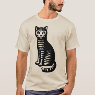 Camiseta Gato Divertido Estilo Xilogravura