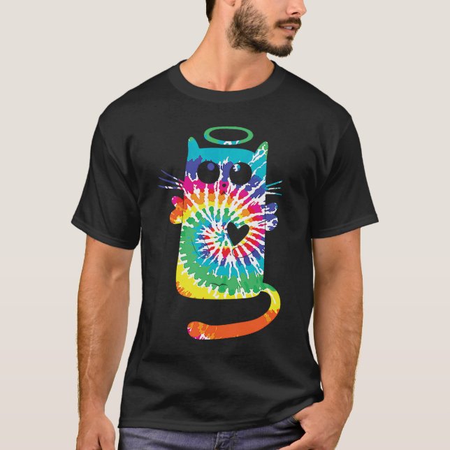 Camiseta Gato Divertido Hippie Rainbow Tie Dye Angel Cat co (Frente)