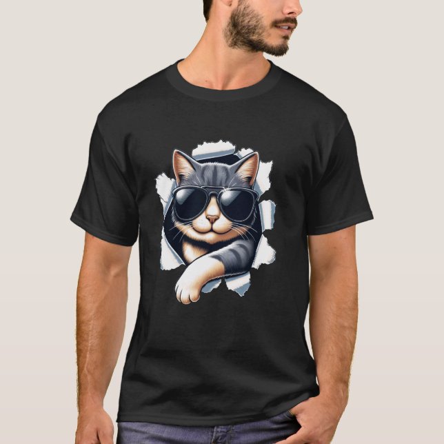 Camiseta Gato Divertido Usando Óculos de Sol (Frente)