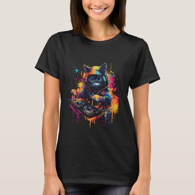 Camiseta Gato DJ Com Fones de Ouvido E Óculos de Sol Disco  (Frente)