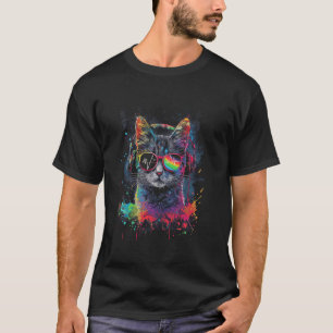 Camiseta Gato DJ Com Fones de Ouvido E Óculos de Sol Kitty 